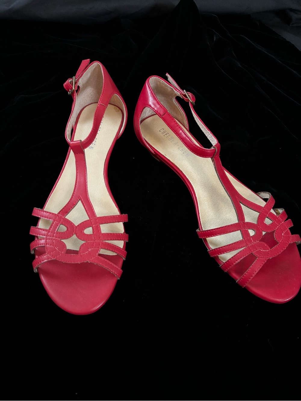 Chelsea Crew “Sedona” Red Open-Toe T-Strap Sandals